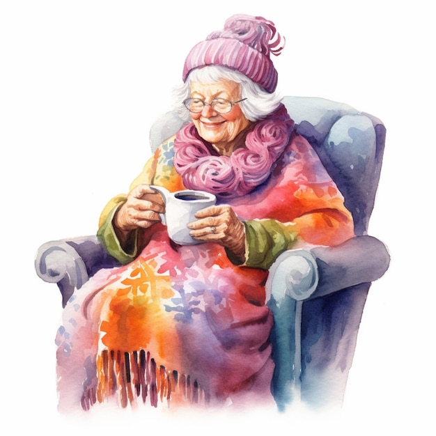 Jest akwarelowy obraz starej kobiety siedzącej na krześle.