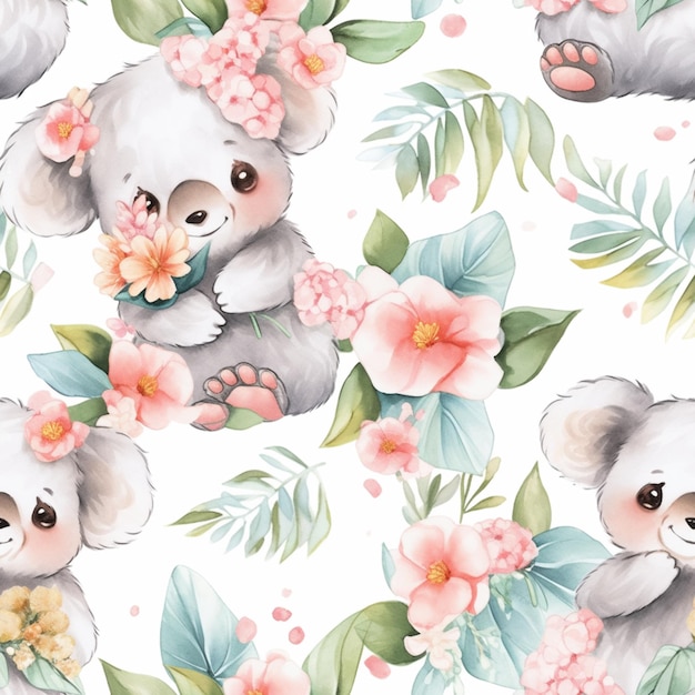 Jest akwarelowy rysunek niedźwiedzia koali z kwiatami.