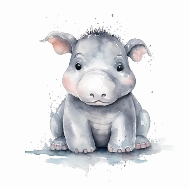 Jest akwarelowy rysunek niemowlęcia hipopotama.