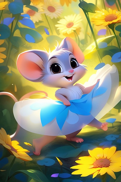 Jest animowana mysz w niebieskiej sukience i białym generatywnym ai tutu
