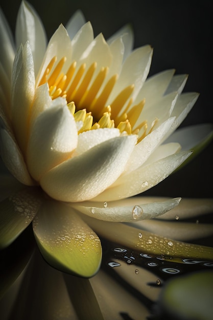 Zdjęcie jest biała lilia wodna z żółtym centrum w stawie generatywny ai