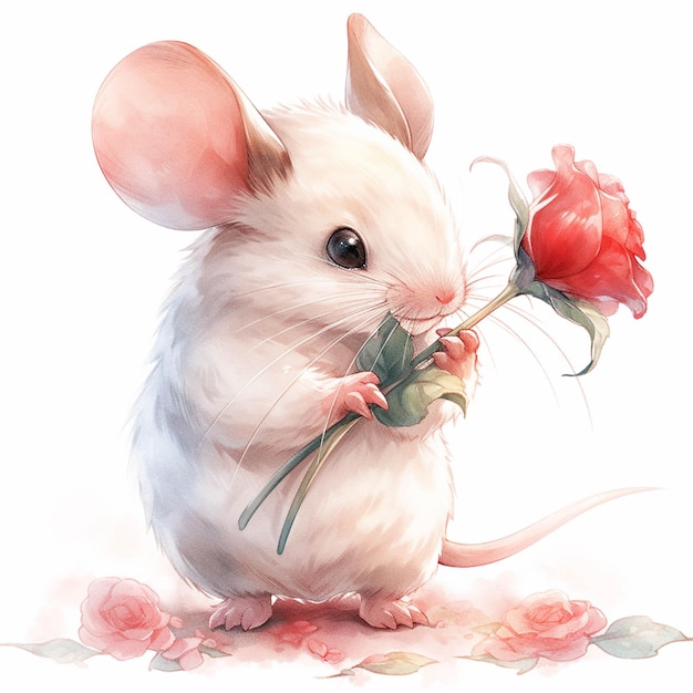 Jest biała mysz z kwiatkiem w pysku generatywne ai