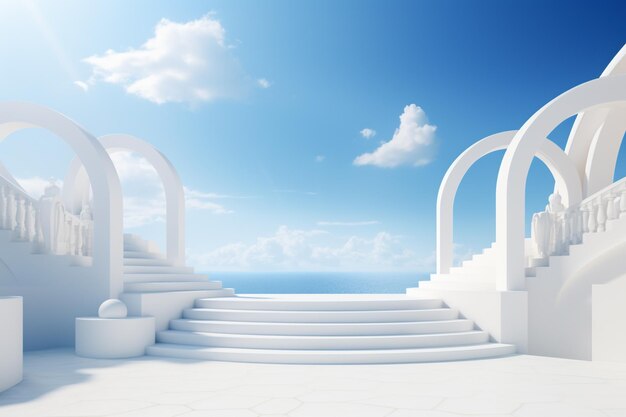 Jest białe schody prowadzące do niebieskiego nieba i wody generującej ai