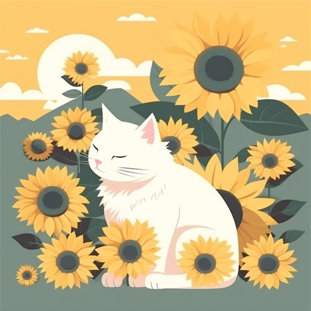 Jest biały kot siedzący na polu słoneczników.