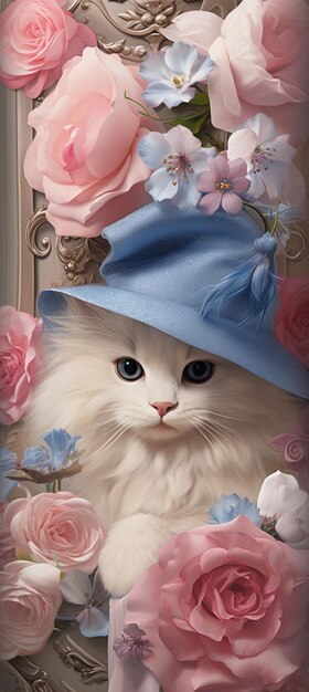 Zdjęcie jest biały kot w niebieskim kapeluszu i różowych kwiatach generatywnej ai