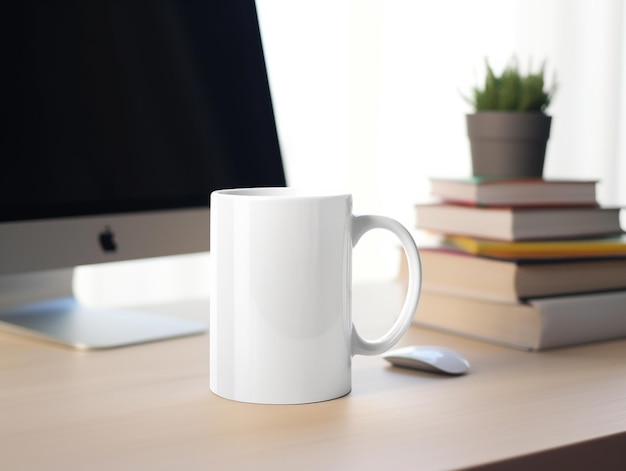 Jest biały kubek z kawą siedzący na biurku obok komputera generatywnego.