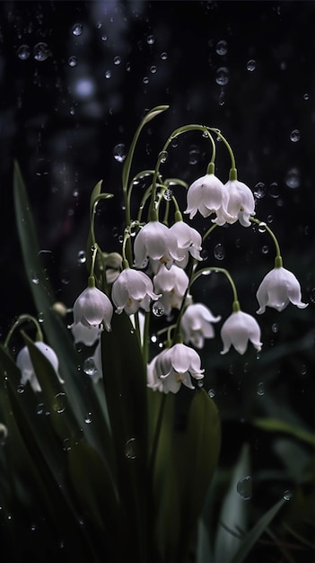 Jest biały kwiat, który siedzi w deszczu generatywny ai