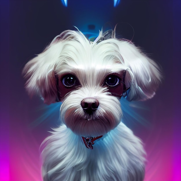 Jest biały pies z obrożą i sztuczną inteligencją generującą niebieskie światło