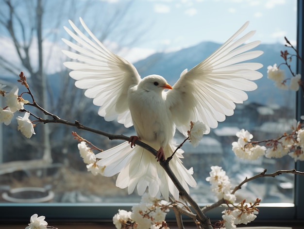 Jest biały ptak siedzący na gałęzi z białymi kwiatami generatywny ai