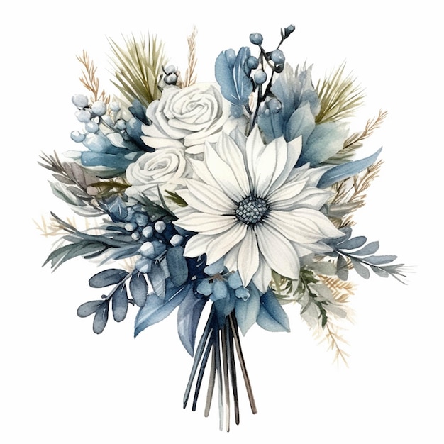 Jest bukiet kwiatów z niebieskimi i białymi kwiatami generatywnymi ai
