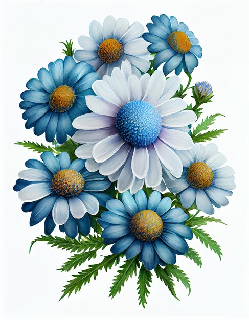 Zdjęcie jest bukiet niebiesko-białych kwiatów z zielonymi liśćmi generatywnymi ai