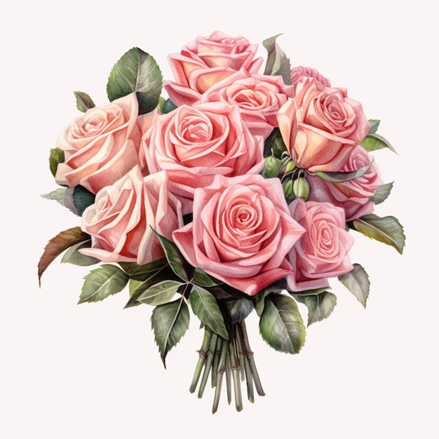 Zdjęcie jest bukiet różowych róż z zielonymi liśćmi na białym tle generatywny ai
