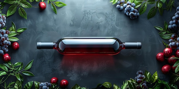 Zdjęcie jest butelka wina otoczona winogronami i liśćmi generatywnymi.