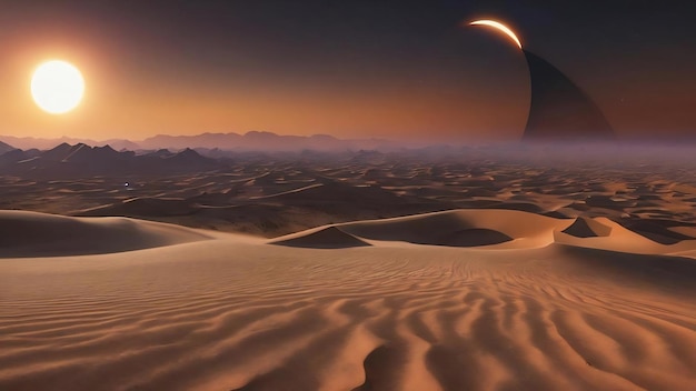 Jest całkowite zaćmienie Słońca nad pustynią ilustracja 3D