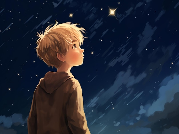 jest chłopiec, który patrzy na gwiazdy na niebie, generując ai