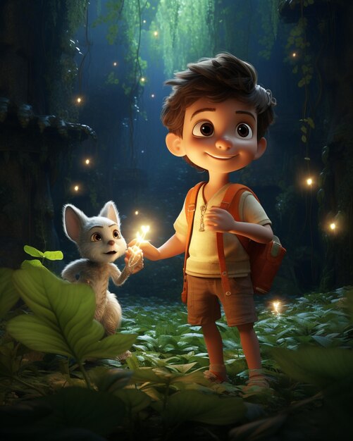 Zdjęcie jest chłopiec trzymający małego psa w lesie generatywny ai