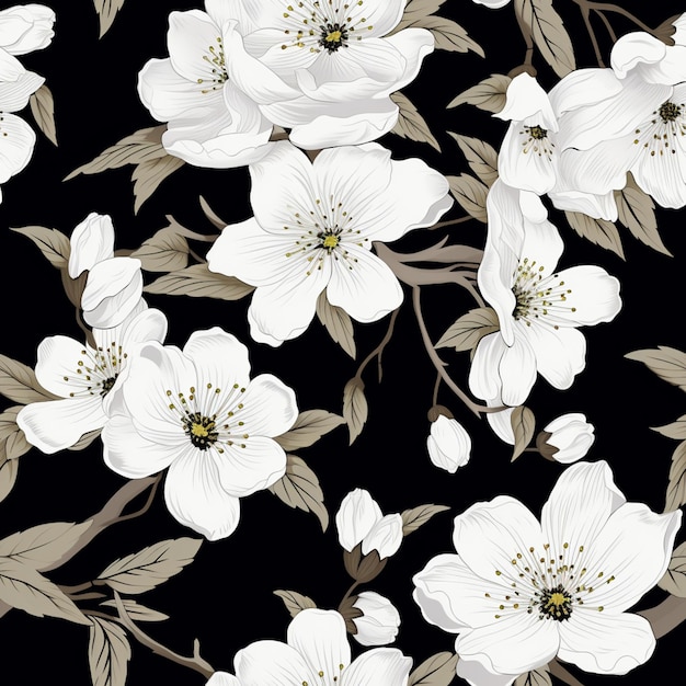 jest czarno-biały wzór kwiatowy z białymi kwiatami generatywny ai