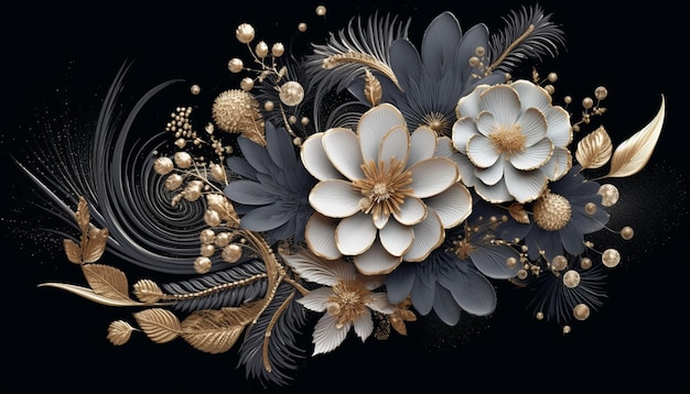 Jest czarno-złota aranżacja kwiatowa z piórami i perłami generatywnymi ai