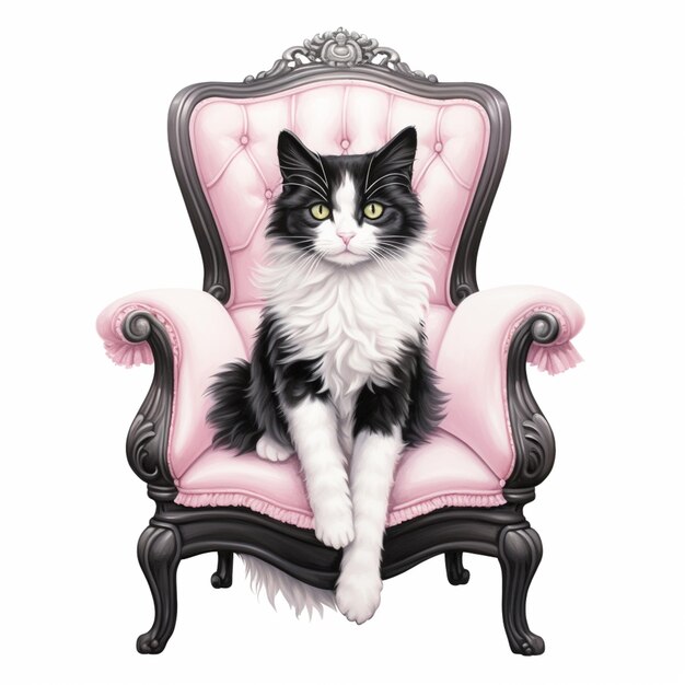 jest czarny i biały kot siedzący na różowym krześle generatywny ai