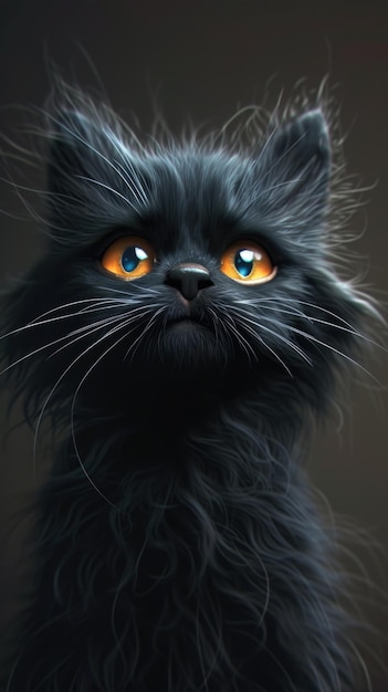 Jest czarny kot z pomarańczowymi oczami wpatrujący się w kamerę.