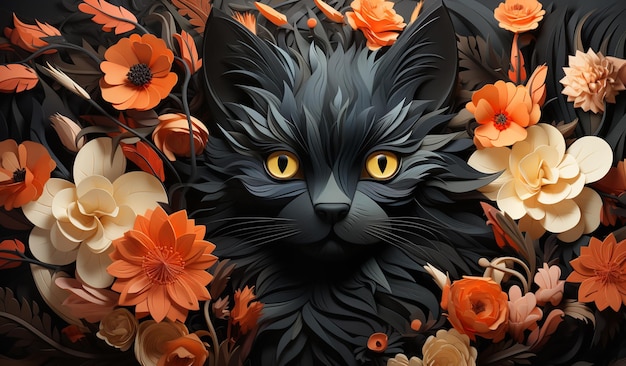 jest czarny kot z żółtymi oczami otoczony kwiatami generatywnymi ai