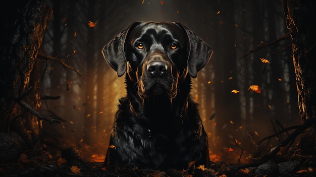 Jest czarny pies, który siedzi w lesie.