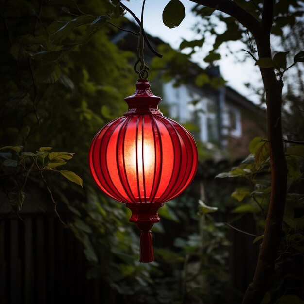 Zdjęcie jest czerwona latarnia wisząca na drzewie na podwórku.