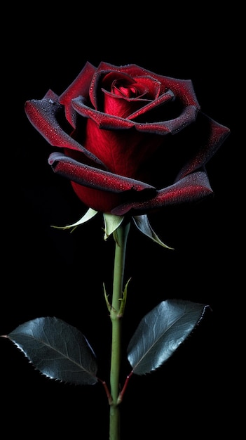 Jest czerwona róża z łodygą i liśćmi na czarnym tle generatywny ai