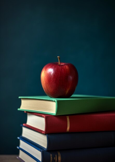 Jest czerwone jabłko siedzące na stosie książek generatywnych ai