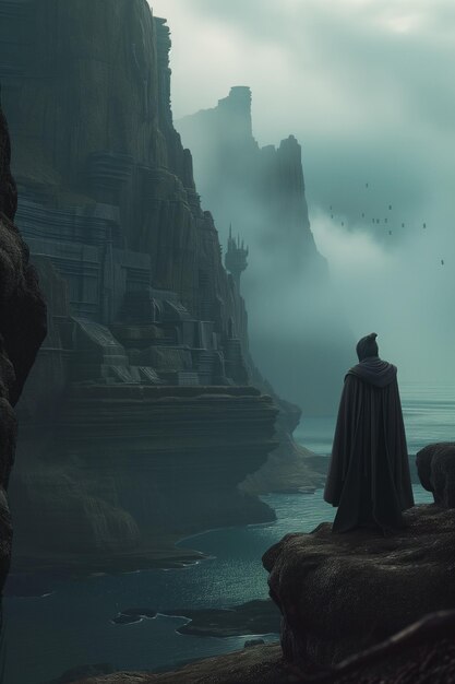 Zdjęcie jest człowiek stojący na klifie z widokiem na wodę generatywną ai
