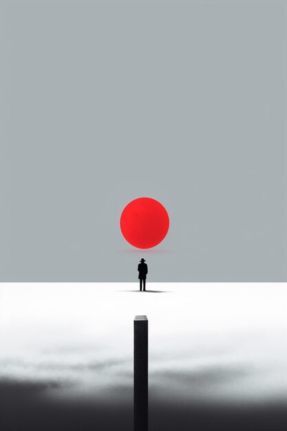 Jest człowiek stojący na słupie z czerwoną kulą na niebie.