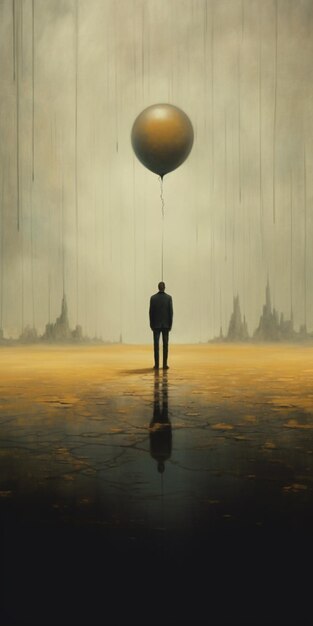 Jest człowiek stojący przed balonem, który pływa generatywny ai