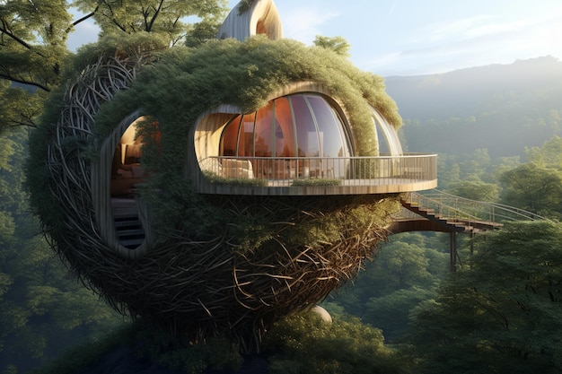 Jest domek na drzewie, który jest wbudowany w zbocze generatywnej ai góry