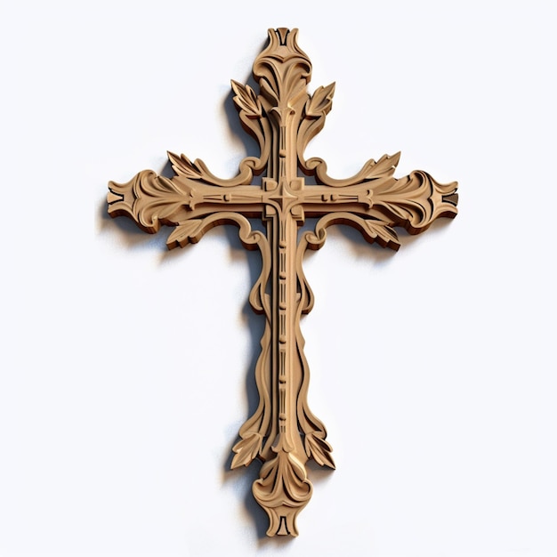 Jest drewniany krzyż z dekoracyjnym wzorem.