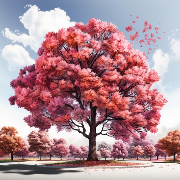 Jest duże drzewo z różowymi liśćmi w parku.