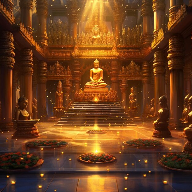 Jest duży posąg Buddy w dużym pokoju z wieloma światłami.