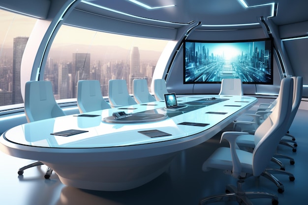 Zdjęcie jest duży stół konferencyjny z krzesłami i monitorem generatywnym.