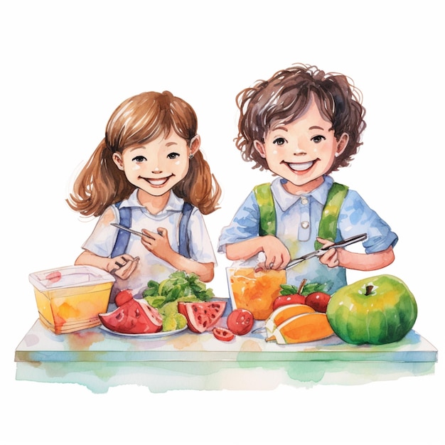 jest dwójka dzieci, które wspólnie kroją warzywa, tworząc generatywną sztuczną inteligencję