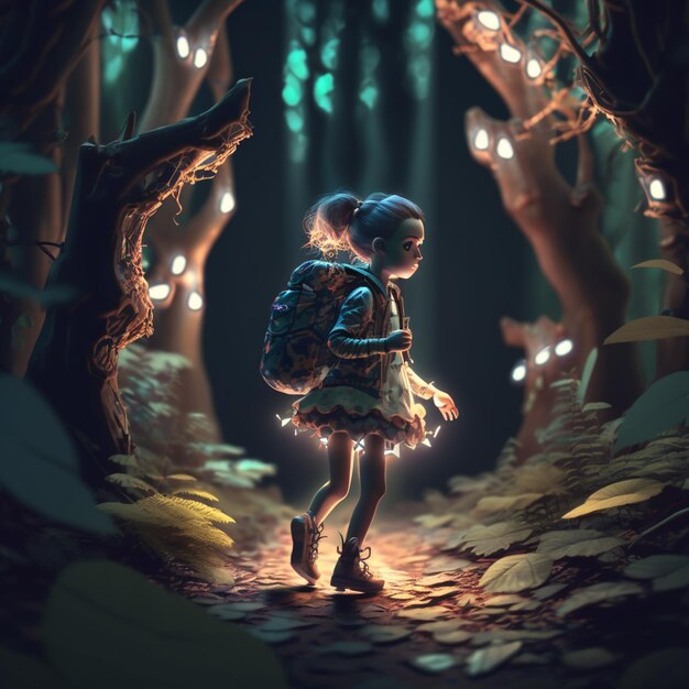 Zdjęcie jest dziewczyna, która chodzi przez las z plecakiem generatywny ai