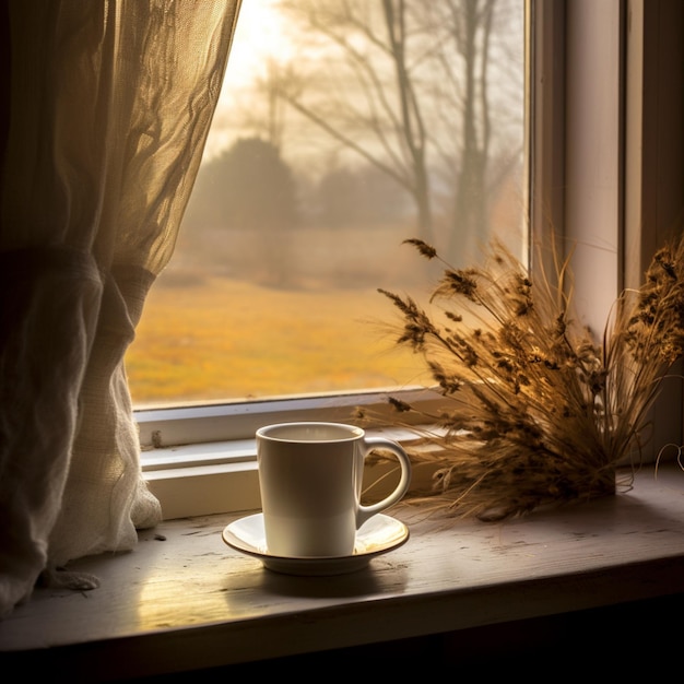 Zdjęcie jest filiżanka kawy na talerzu na parapecie okiennym generatywny ai