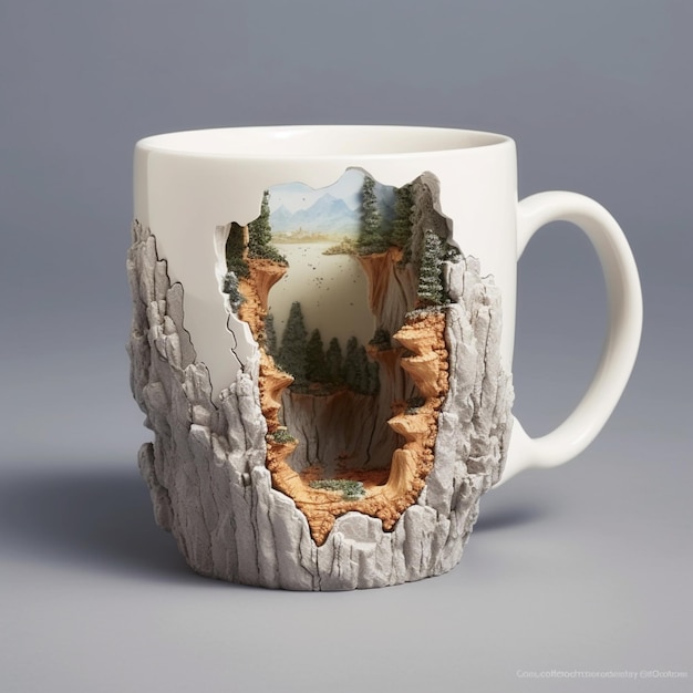 Jest filiżanka kawy z obrazem sceny górskiej na nim generatywne ai