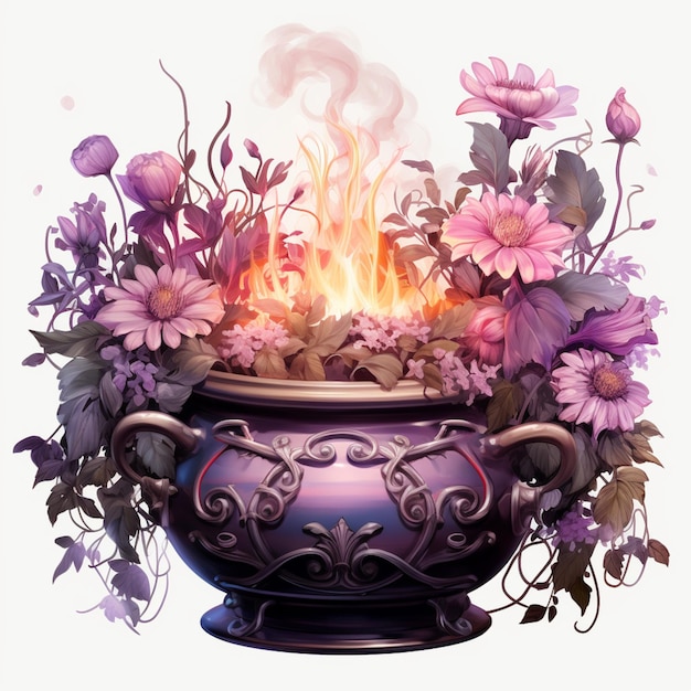 Jest fioletowy wazon z kwiatami i ogień w nim generatywny ai