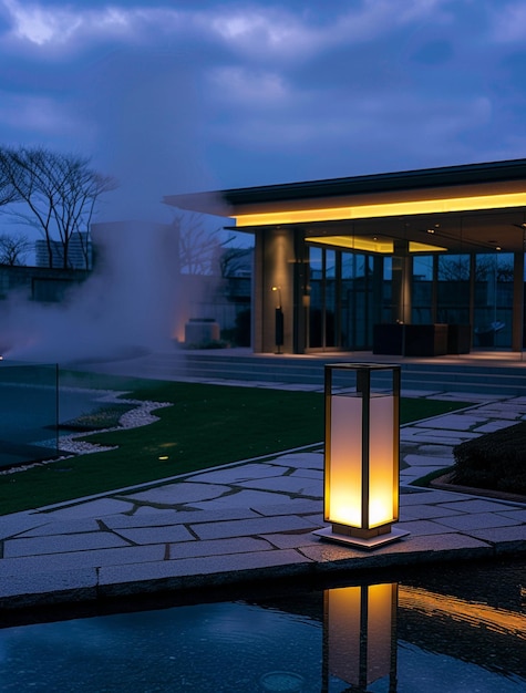 Zdjęcie jest fontanna z światłem na niej przed budynkiem generatywny ai