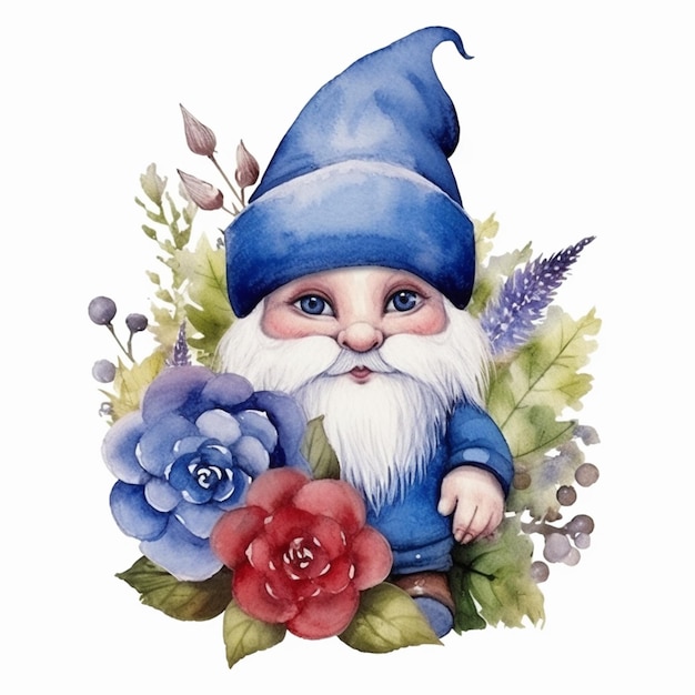 Jest gnom z niebieskim kapeluszem i sztuczną inteligencją generującą niebieski kwiat