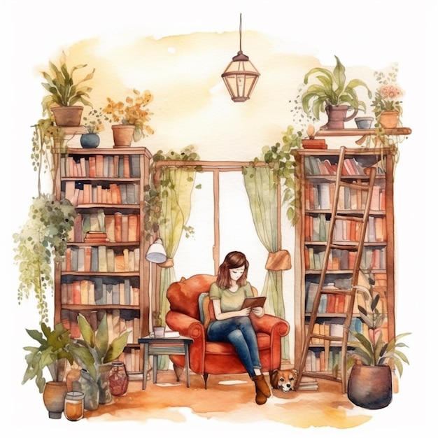 Jest kobieta siedząca na krześle i czytająca książkę.