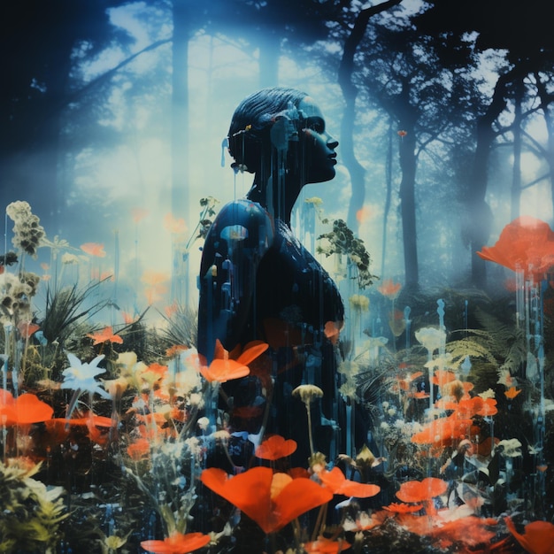 Zdjęcie jest kobieta stojąca na polu kwiatów z lasem w tle generatywny ai