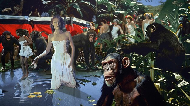 Jest kobieta w białej sukience stojąca obok małpy generatywnej ai