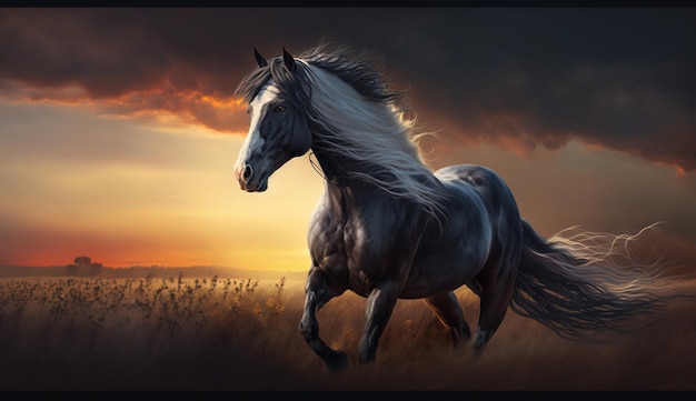 Jest koń, który biegnie po polu o zachodzie słońca.