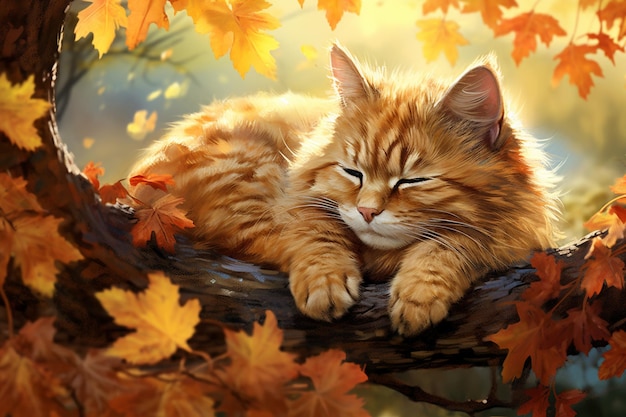 jest kot, który leży na gałęzi jesienią generatywną ai