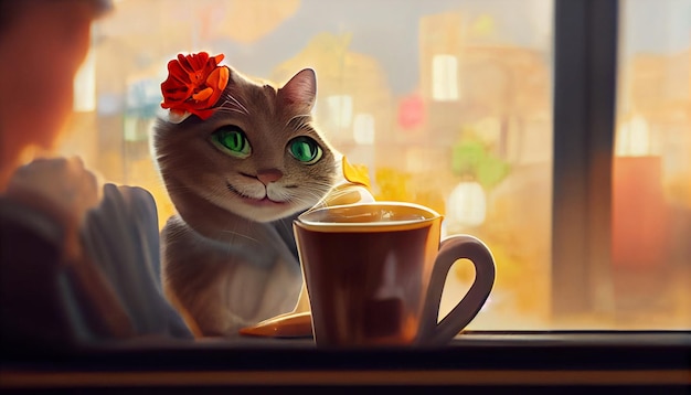 Jest kot, który siedzi obok filiżanki kawy generatywnej ai